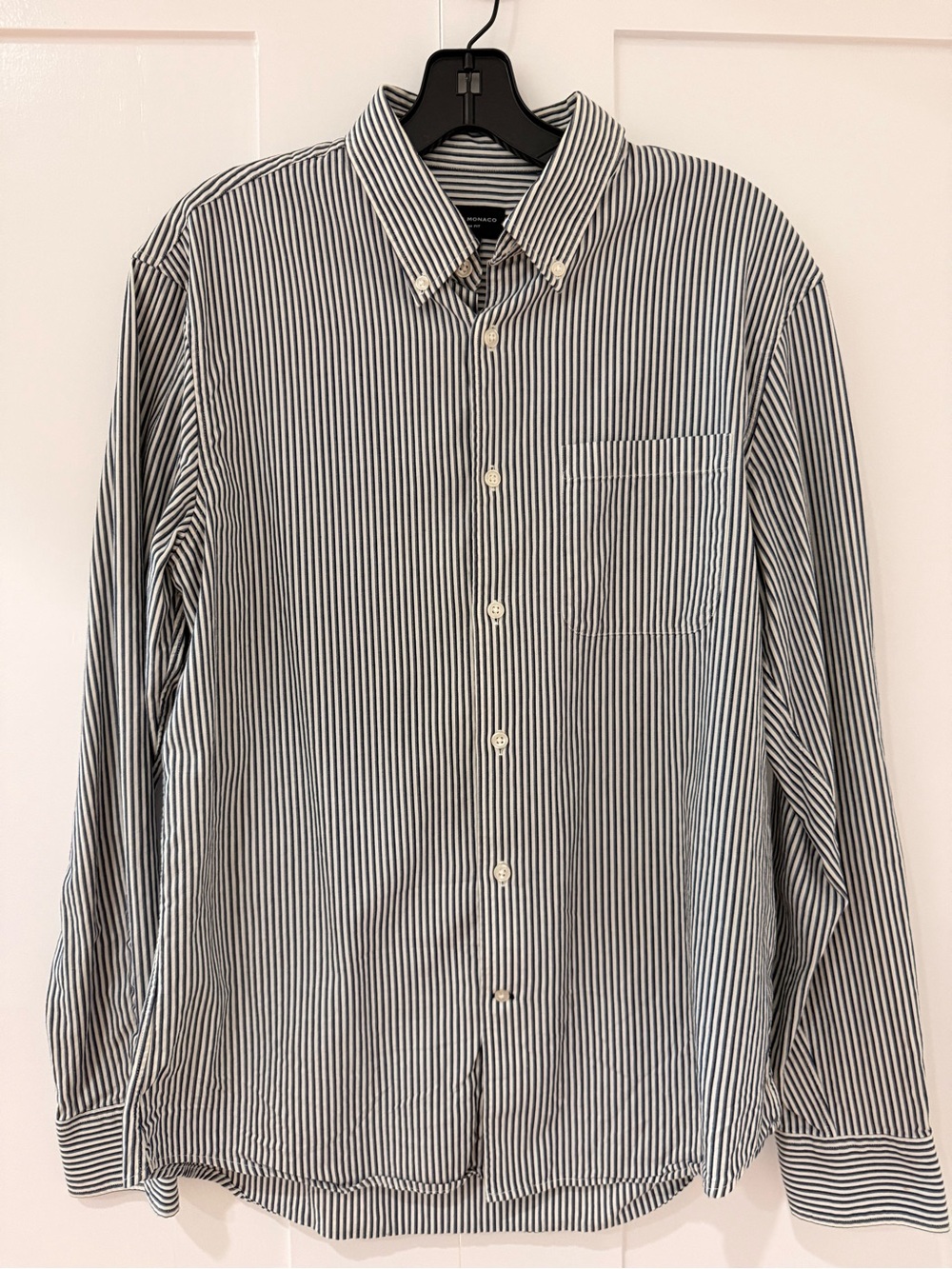 Club Monaco Men's Navy and White Striped Button-Down Shirt - Size M, slim fit